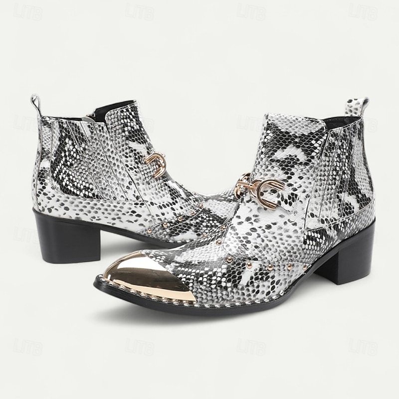 Men's Snakeskin Pattern Pointed Toe Ankle Boots – Exotic Cowhide Western-Inspired Dress Boots for Stage Performances, Parties and Night Out2