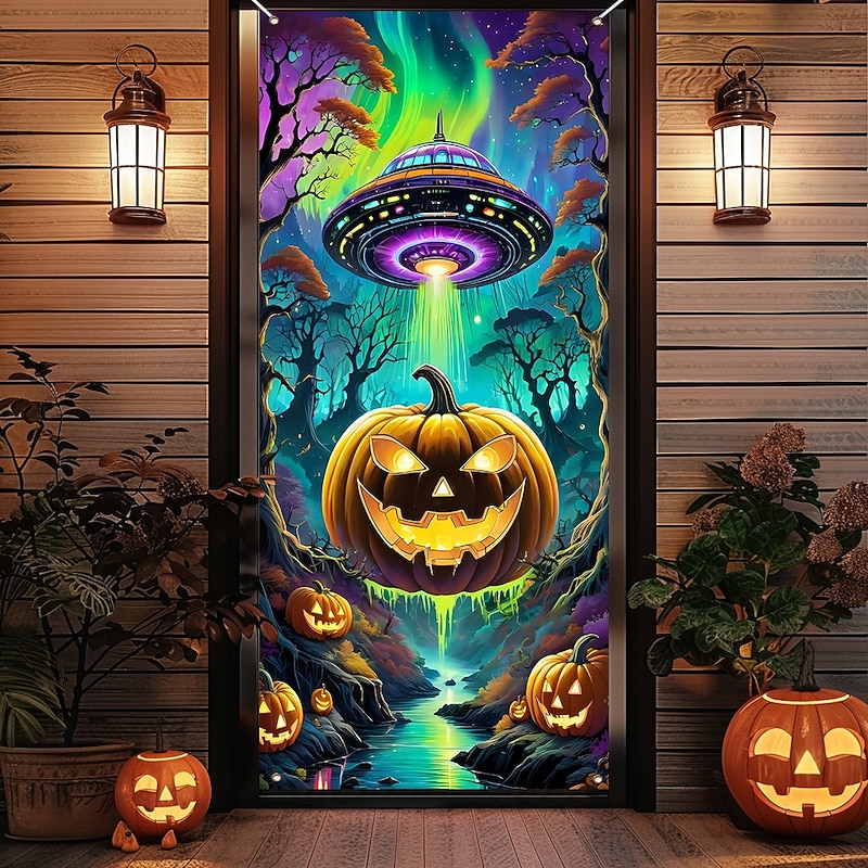 Halloween Door Cover Outdoor Banners Pumpkin UFO Fantasy Psychedelic Dark Punk Gothic Style Party Outdoor Shooting Backgrounds Front Door Wall Porch Home Decor