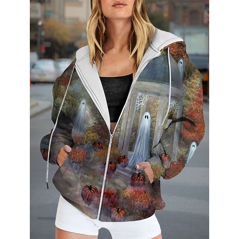 Halloween Women's Zip Up Hoodies Ghost Graphic Pumpkin Fashion Casual Long Sleeve Hooded Regular Tops Street Dailywear Zipper Pocket Print Dark Gray Gray Spring Fall