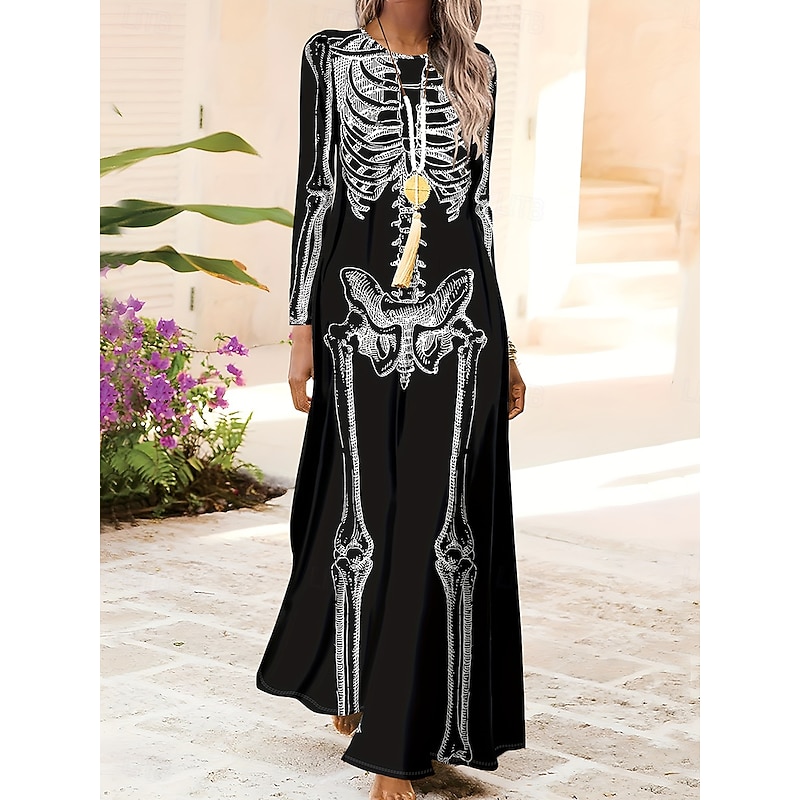 Halloween Women's Skulls Print Maxi Dress Shift Dress A Line Dress Casual Daily Regular Fit Graphic Bull Long Sleeve Crew Neck Black Purple Fall Winter