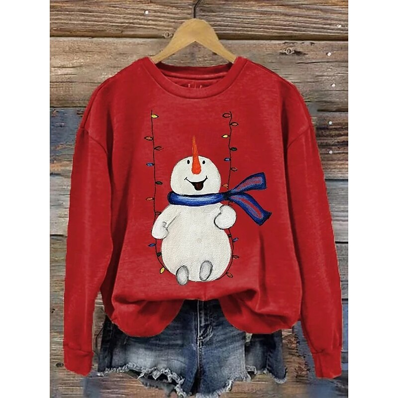 Women's Pullover Graphic Snowman Casual Long Sleeve Crew Neck Regular Tops Street Dailywear Casual Print White Pink Red Blue Khaki Fall Winter2