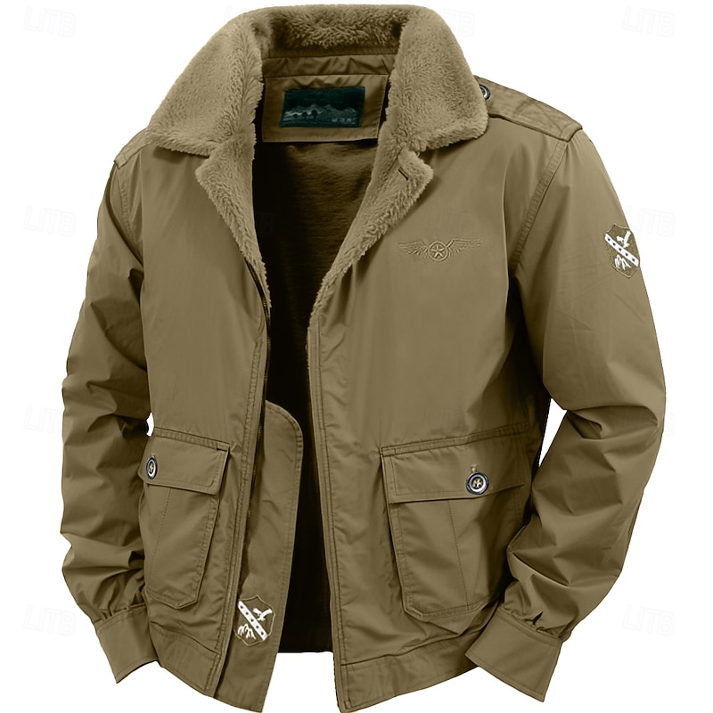 Men's Bomber Jacket Fleece Jacket Sport Coat Formal Home Portable Windbreaker Pocket Fleece Spring Fall Winter Solid Color Active Vintage Turndown Regular Navy Blue Dark Green Brown Jacket