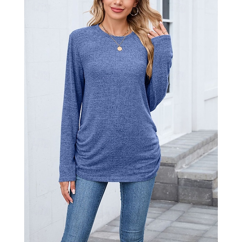 Women's Texture Blouse T Shirt Plain Casual Long Sleeve Crew Neck Regular Tops Daily Weekend Black Wine Army Green Blue Brown Fall