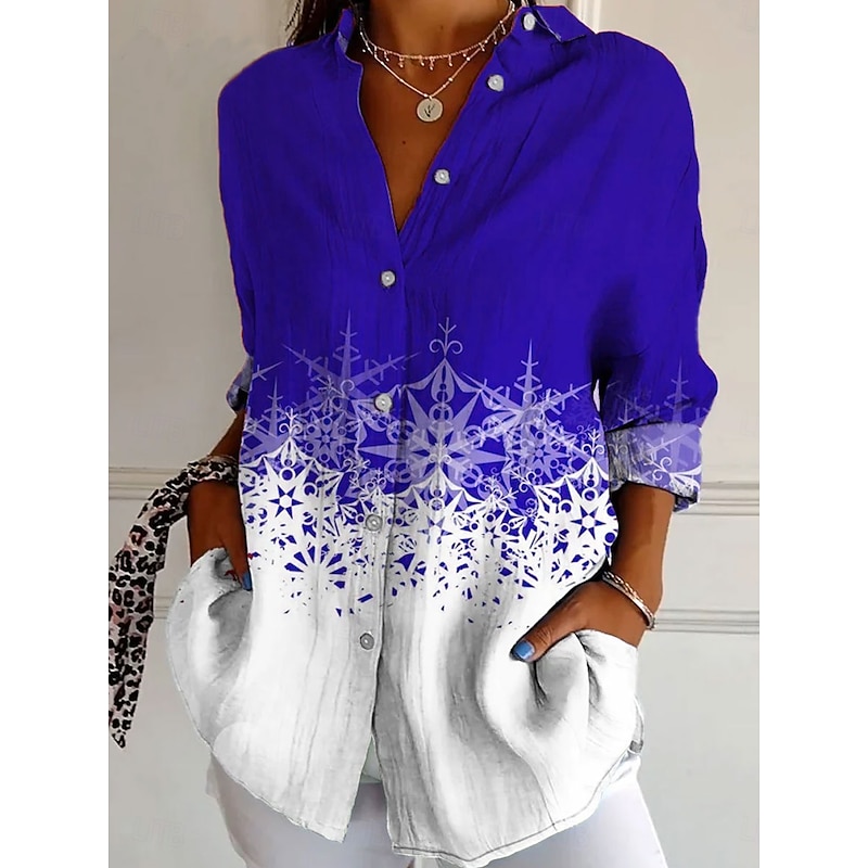 Christmas Women's Shirt Graphic Snowflake Elegant Bohemia Vintage Long Sleeve Shirt Collar Regular Tops Work Daily Buttons Print Yellow Red Blue Purple Green Summer Spring Fall Winter2