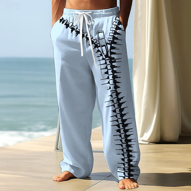 Men's Optical Illusion Zipper Trousers Baggy Pants Casual Pants Mid Waist Fashion Outdoor Vacation Streetwear Elastic Drawstring Waist Linen-Like Pants with Pockets Spring Fall 3D Print Black White2
