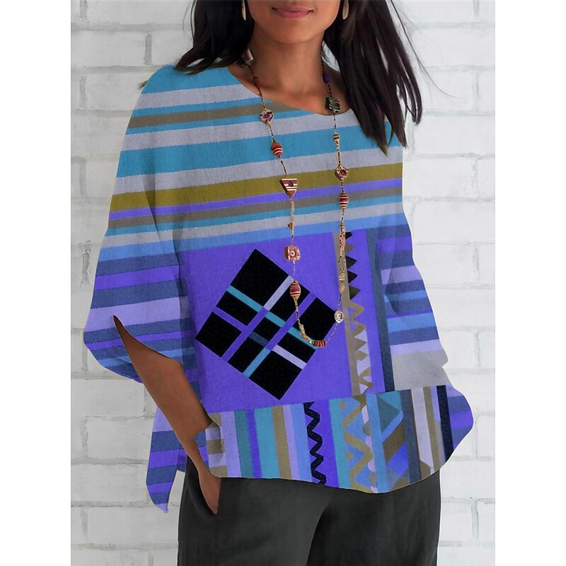 Women's Shirt Geometric Striped Retro Vintage Ethnic 3/4 Length Sleeve Crew Neck Regular Tops Daily Holiday Print Yellow Blue Purple Fuchsia Summer Spring Fall4