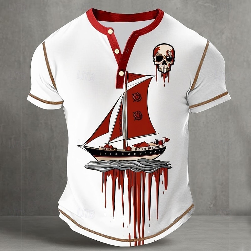 Men's Halloween Skull Sailboat Henley Shirt Tee Short Sleeve Vintage Fashion Designer Outdoor Casual Daily Spring &  Fall All Seasons White Henley Henley T-Shirt