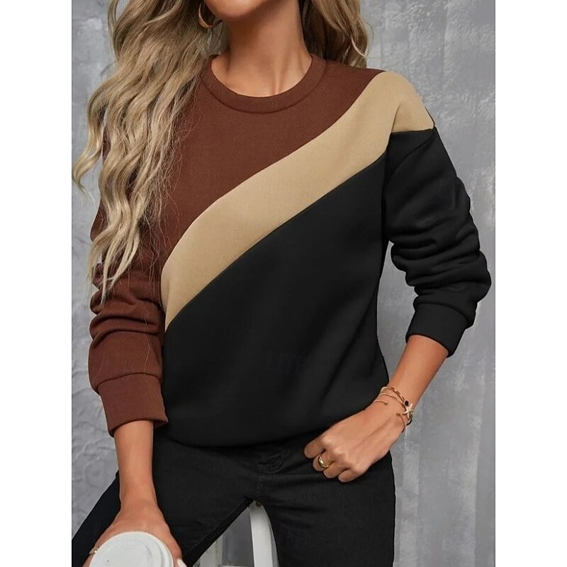 Women's Pullover Sweatshirt Graphic Geometric Fashion Casual Long Sleeve Round Neck Regular Tops Street Dailywear Casual Print Black Brown Fall Winter - Main Image