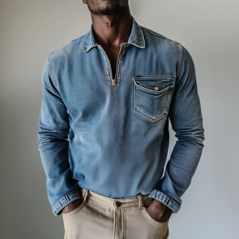 Men's Pullover Sweatshirt Zip Polo Vacation Street Zip Long Sleeve Fashion Basic Plain Pocket Fashion Spring &  Fall All Seasons Regular Fit Blue Pullover Sweatshirt