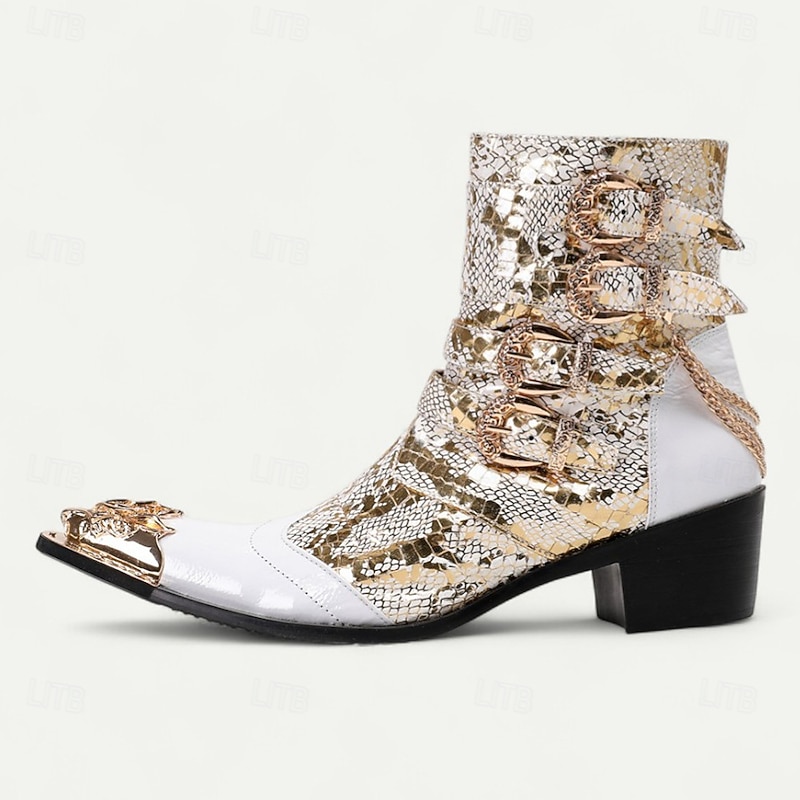 Men's White and Gold Sequin Ankle Boots – Glamorous Party Western Boots for Stage Performances, Themed Events and Festivals3