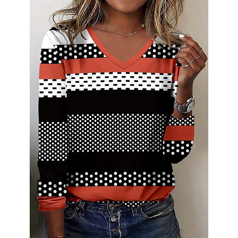 Women's T Shirt Graphic Geometric Polka Dot Vintage Stylish Classic Long Sleeve V Neck Regular Tops Daily Print Orange Summer Spring Fall