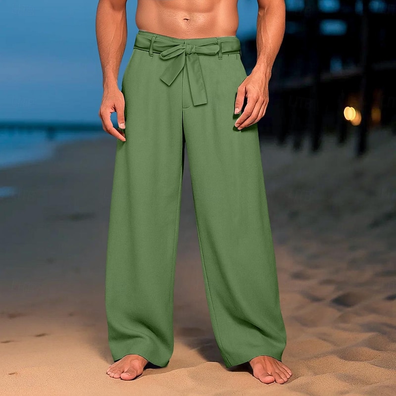 Men's Linen Pants Trousers Summer Pants Baggy Pants Elastic Waist Straight Leg Plain Comfort Breathable Full Length Outdoor Daily Beach Vacation Fashion Black White Inelastic4