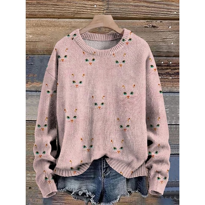 Women's Sweater Casual Soft Floral Ribbed Crew Neck Knitted Print Long Sleeve Regular Tops Knit Outdoor Daily Weekend White Pink Fall Winter2