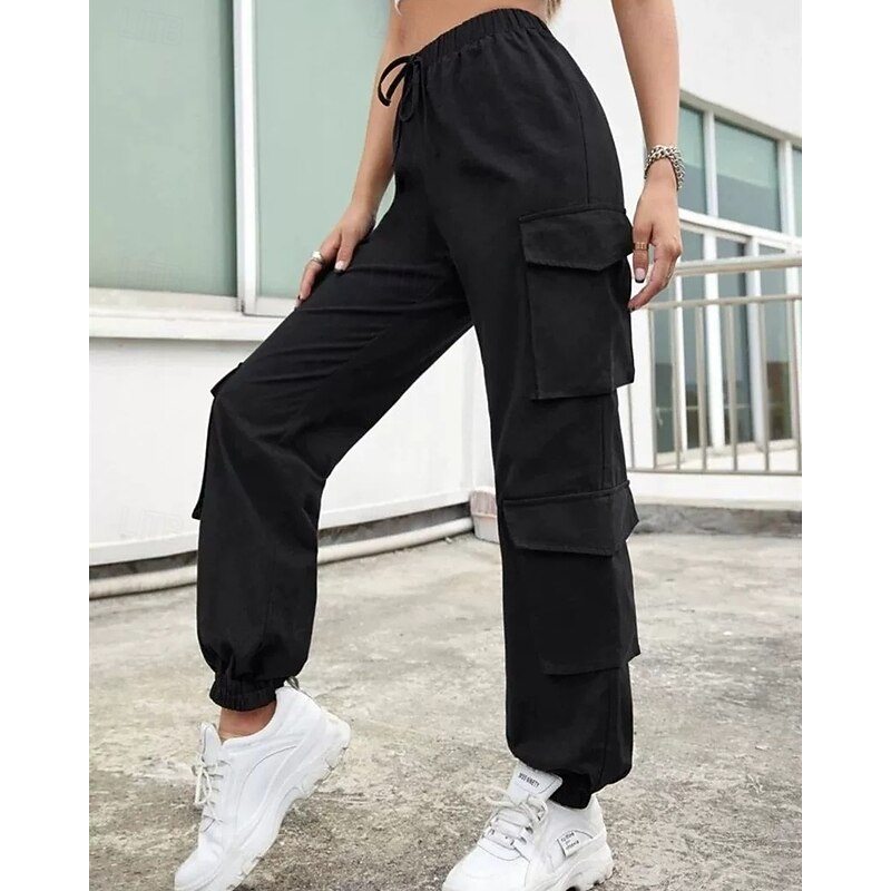 Women's Slacks Parachute Pants Streetwear Casual Ankle-Length Natural Plain Drawstring Elastic Waist Comfortable Street Holiday Daily Wear Black Green Khaki Fall Regular Fit