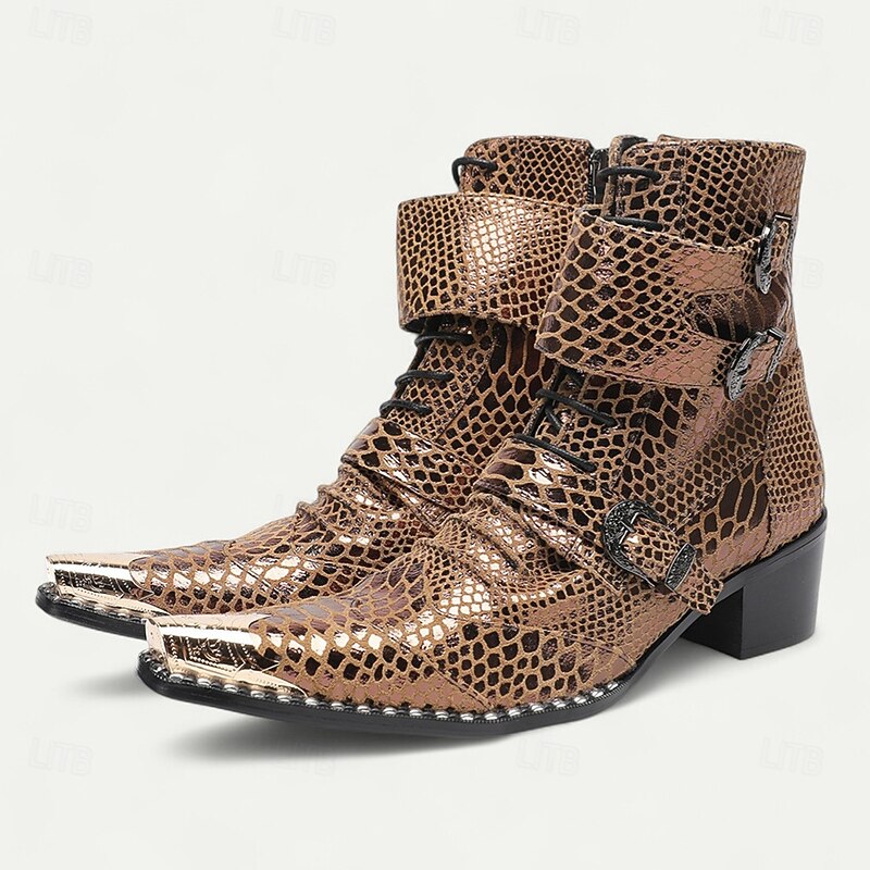 Men's Brown Snakeskin Ankle Boots with Rivet Details – Exotic Western-Inspired Cowhide Boots for Stage Performances, Parties and Fashion Shows3