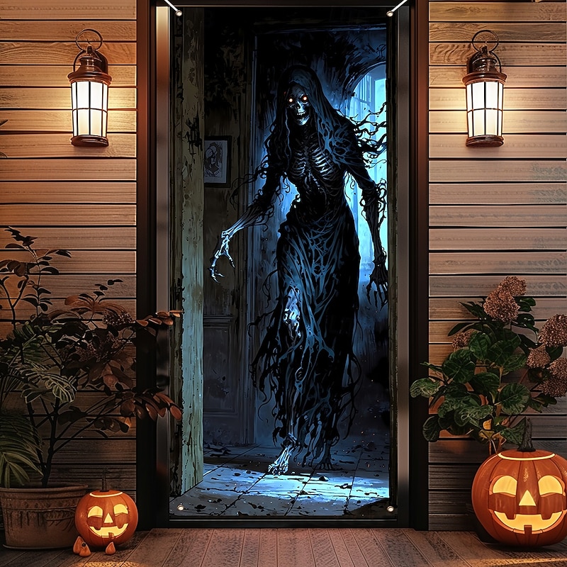 Halloween Door Cover Outdoor Banners Ghost Tree Demon 3D Dark Punk Gothic Style Party Outdoor Shooting Backgrounds Front Door Wall Porch Home Decor3