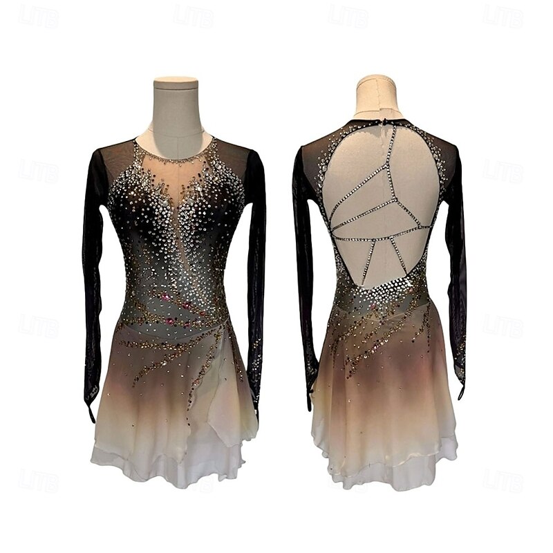 Figure Skating Dress Women's Girls' Ice Skating Dress Black Golden Patchwork Thumbhole Mesh Spandex High Elasticity Training Competition Skating Wear Classic Crystal / Rhinestone Long Sleeve Ice
