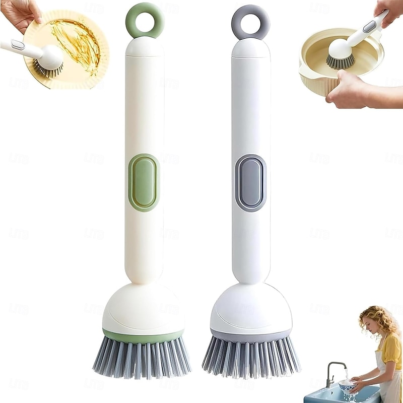 Adjustable Cleaning Brush with Liquid Dispenser Long Handle Rotating Pot Brush with Cleaning Liquid 6-Level Adjustable Handle & Refillable PET Scrub Head Scratch-Free for Kitchen and Cookware Cleaning2