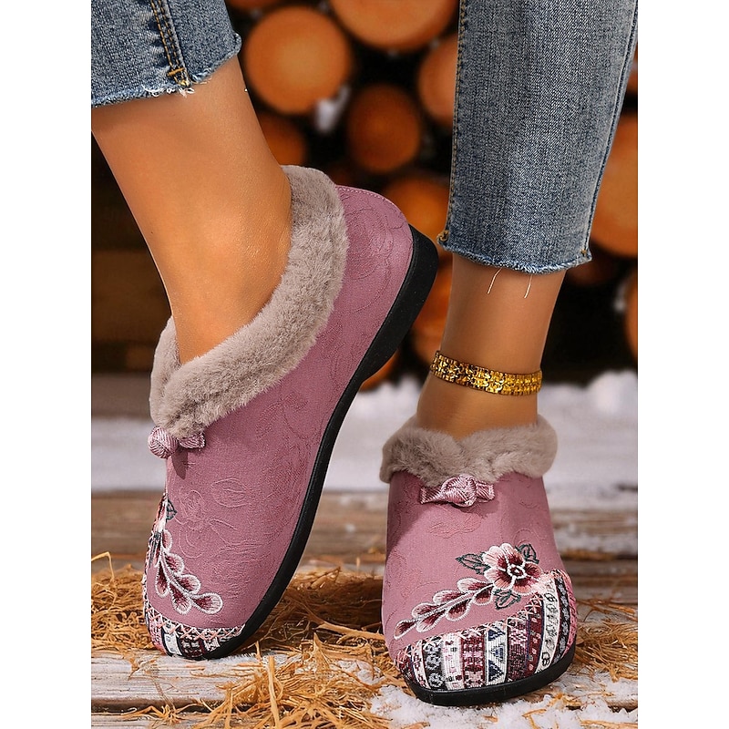 Women's Red Embroidered Fur-Lined Slip-on Shoes with Floral Pattern, Warm Winter Shoes for Christmas, Holiday Season and Casual Wear4