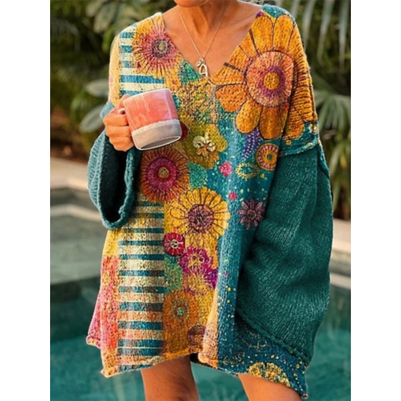 Women's Sweater Casual Soft Floral Graphic Ribbed V Neck Knitted Print Long Sleeve Long Tops Knit Outdoor Daily Weekend Yellow Wine Spring Fall4