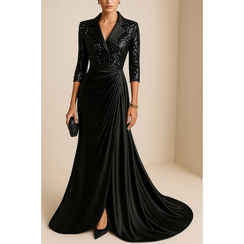 Tuxedo Dress Mermaid / Trumpet Mermaid Formal Wedding Wedding Guest Satin Elegant Glittering 3/4 Sleeve Pleated Floor Length Notched Lapels3