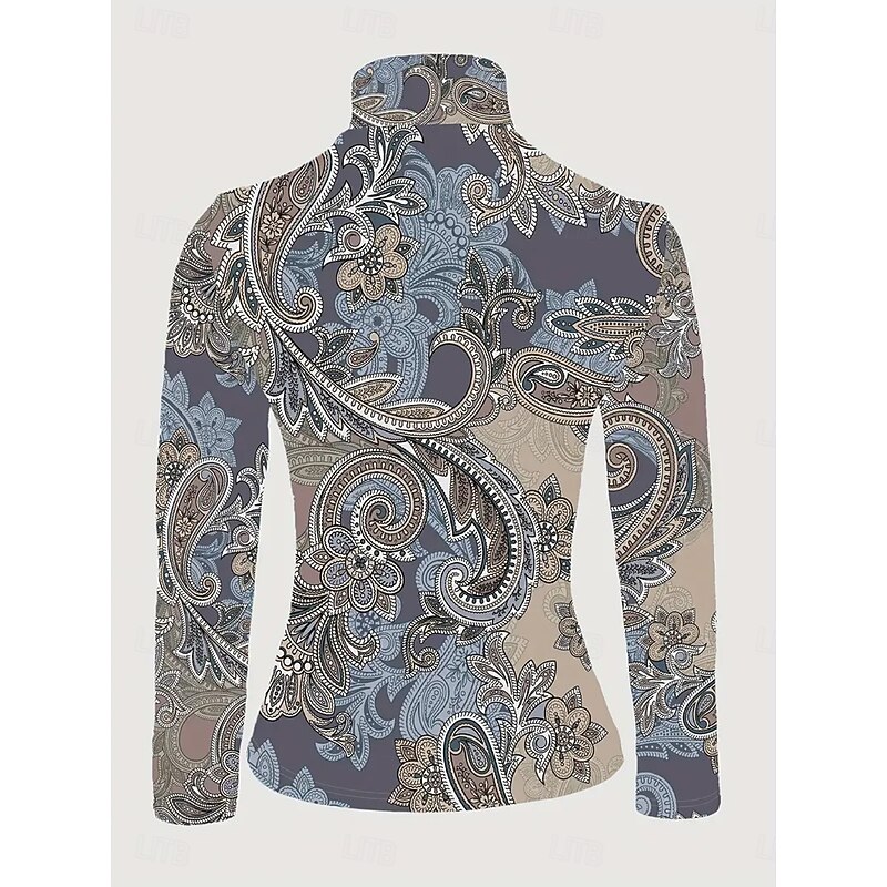 Women's T Shirt Graphic Texture Elegant Vintage Stylish Long Sleeve Turtleneck High Neck Asymmetric Neck Regular Tops Daily Print Tiered Black Blue Spring Fall Winter3