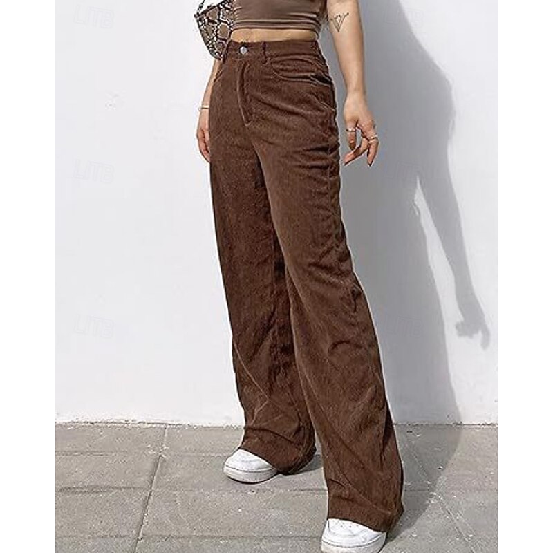 Women's Wide Leg Corduroy Pants Slacks Streetwear Casual Full Length Natural Plain Pocket Elastic Waist Soft Street Holiday Daily Wear Dark-Gray Dark Brown Black Army Green Fall Regular Fit