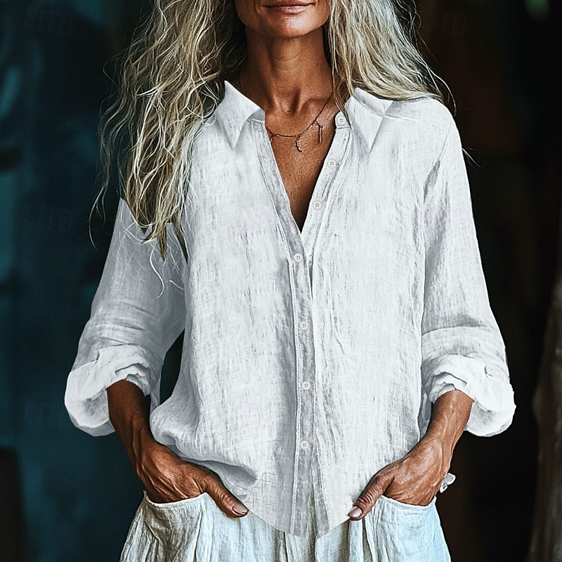 Women's Shirt Texture Blouse Linen-Inspired Shirts Blouse Plain Modern Casual Long Sleeve Shirt Collar Regular Tops Daily Holiday Going out Buttons Black White Yellow Pink Wine Fall2