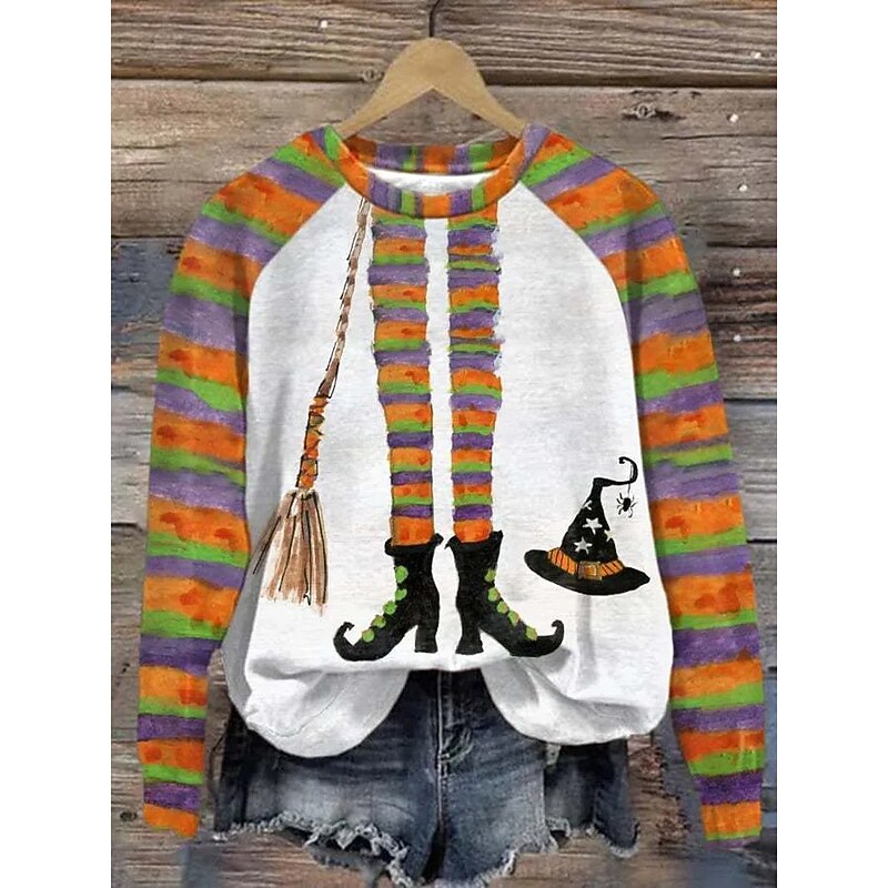 Halloween Women's Pullover Sweatshirt Witch Graphic Fashion Casual Long Sleeve Crew Neck Regular Tops Street Dailywear Print Black Yellow Orange Green Fall Winter4