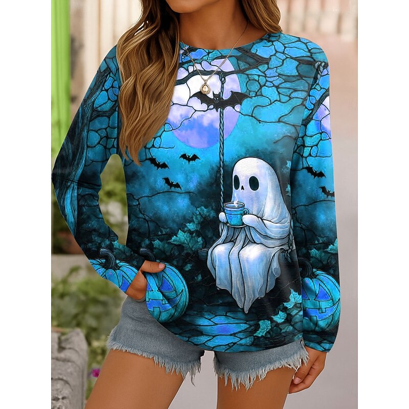 Halloween Women's T shirt Ghost Graphic Vintage Fashion Stylish Long Sleeve Crew Neck Round Neck Regular Tops Weekend Print Blue Purple Orange Green Spring Fall2