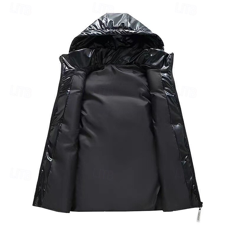 Men's Puffer Vest Vest Gilet Vacation Daily Date Fashion Casual Fall & Winter Pocket Polyester Warm Comfortable Solid Color Zipper Hooded Regular Fit Silver Black Vest4