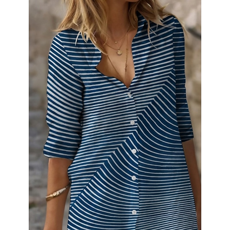 Women's Mini Dress Shirt Dress Casual Dress Print Dress Fashion Modern Outdoor Daily Weekend Regular Fit Striped 3/4 Length Sleeve Shirt Collar Blue Summer Spring Fall Autumn2