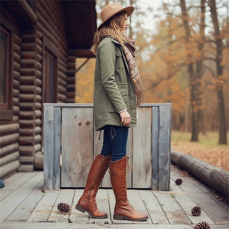 Women's Vintage Brown Faux Leather Riding Boots with Lace-Up and Buckle Detail - Knee-High Equestrian Style for Casual and Outdoor Wear3