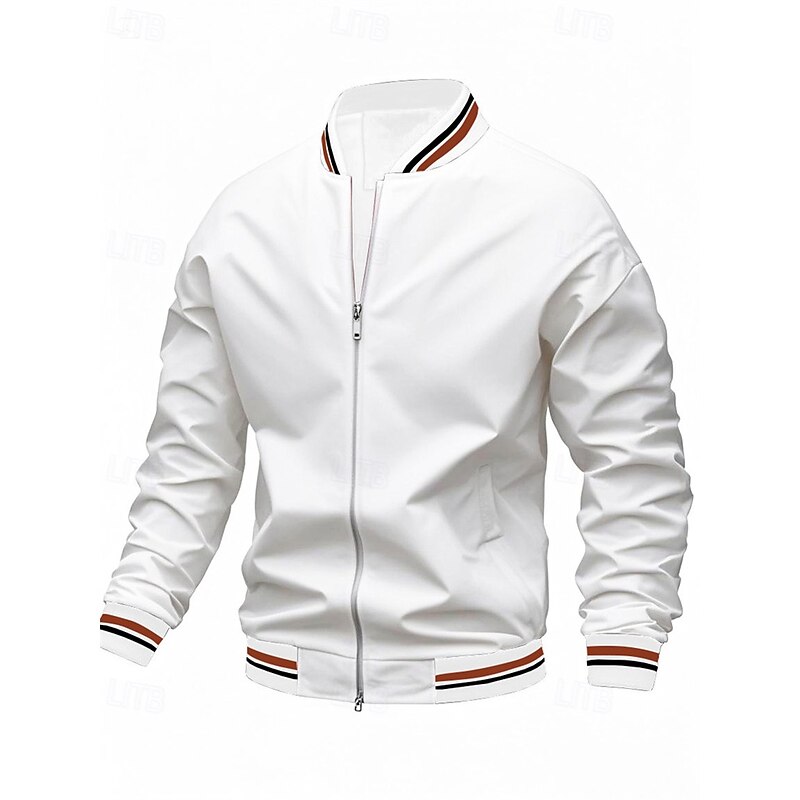 Men's Lightweight Jacket Casual Jacket Vacation Daily Breathable Patchwork Pocket Spring Fall Stripe Fashion Classic Stand Collar Regular Black White Wine Navy Blue Khaki Jacket2