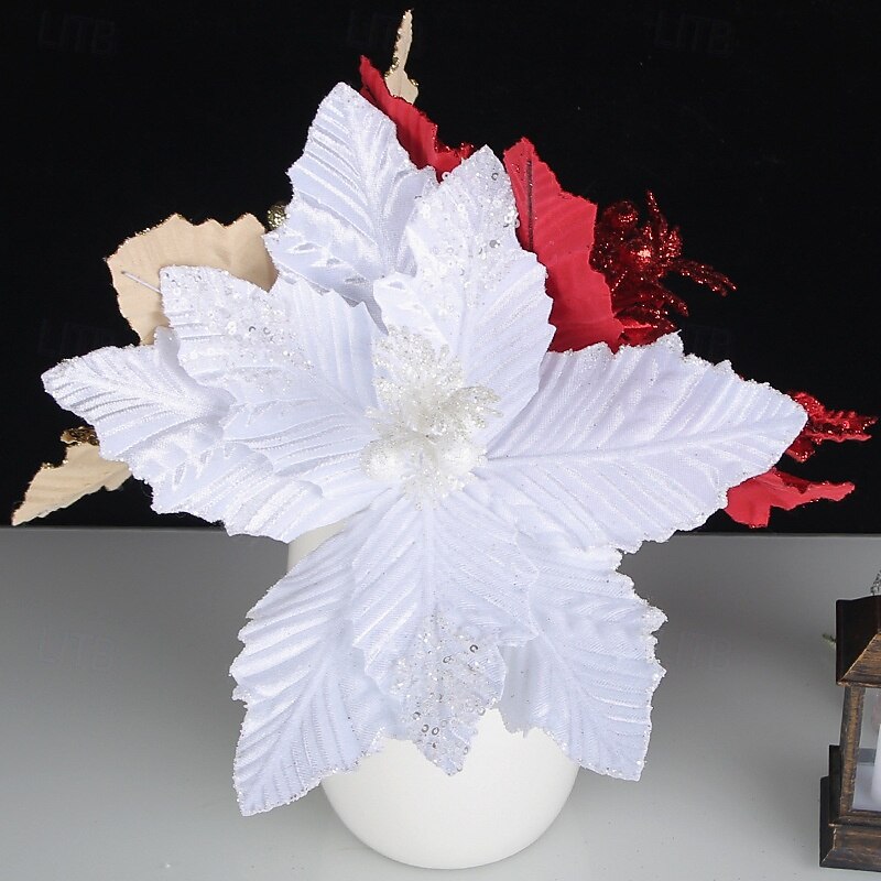 1pc Christmas Poinsettia Artificial Flower, Creative Ruffled Petals with Gold Glitter, Faux Holiday Floral, Christmas Tree Decoration Prop2