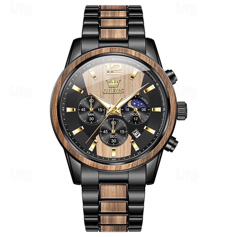 The New Olevs Men'S Business Watch With A Stainless Steel And Wood Head Strap Luminous Small Three Hands Waterproof Calendar Multi-Functional Quartz Watch High-End Casual And Fashionable Men'S Sp4