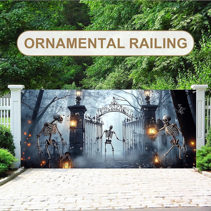 Halloween Garage Door Cover Large Hanging Backdrop Skeleton Ghost Zombies Cemetery Fantasy Psychedelic Party Outdoor Shooting Backgrounds Front Door Home Decor4
