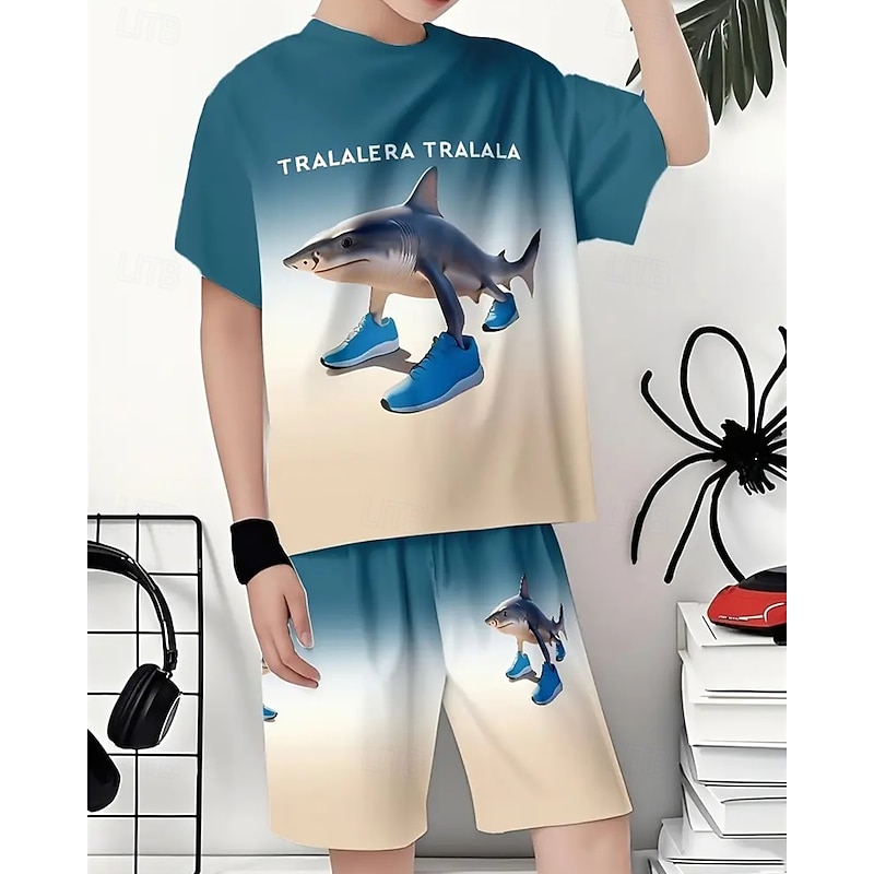 Boys' Cool Tralalero Tralala Sports Shoes Shark ITALIAN BRAINROT Print Short Sleeve Shorts Set Knitted Breathable Versatile Spring/Summer Cartoon Letter T-Shirt Outfit Casual Round Neck Short Sleeve