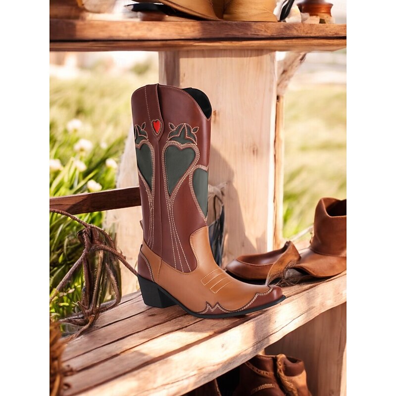 Women's Brown & Tan Cowboy Boots with Heart Detailing -Chic Western Style Footwear for Urban Fashion2
