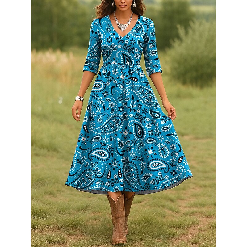 Women's Midi Dress Casual Dress A Line Dress Vacation Casual Regular Fit Graphic Paisley 3/4 Length Sleeve V Neck Red Blue Purple Green Spring Fall2
