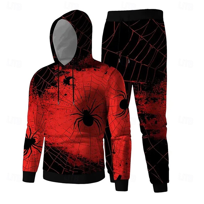 Halloween Men's Spiders 2pcs 3D Sweatshirt Sets Tracksuit Hoodie Sweatshirt Long Sleeve Long pants Hooded Casual Daily Street Athleisure 3D Print Spring Fall Winter Red