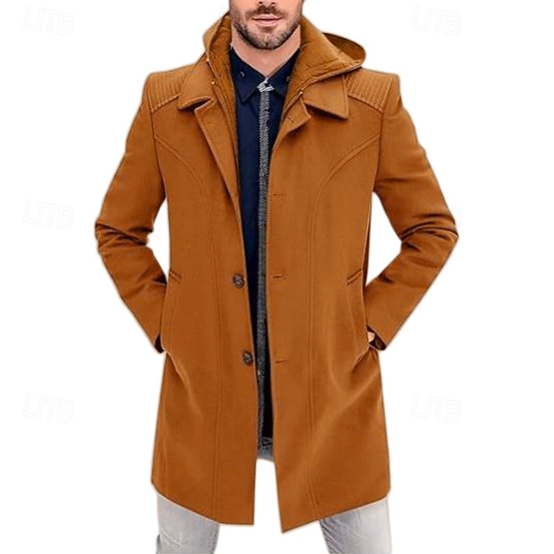 Men's Peacoat Trench Coat Vacation Daily Fall Winter Polyester Windproof Outerwear Clothing Apparel Fashion Classic Plain Pocket Hooded Zipper2