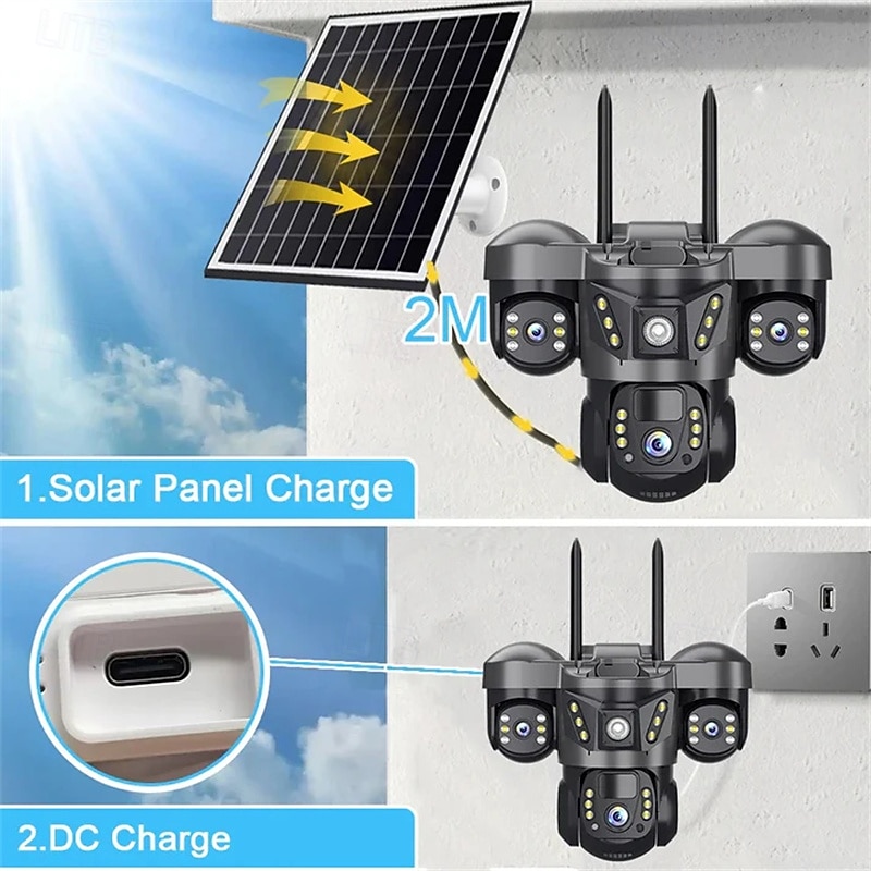 Solar Camera Three Lens Two-Way Audio Outdoor IP66 Waterproof Built-in Battery Security CCTV 6K HD 4G Network Camera4