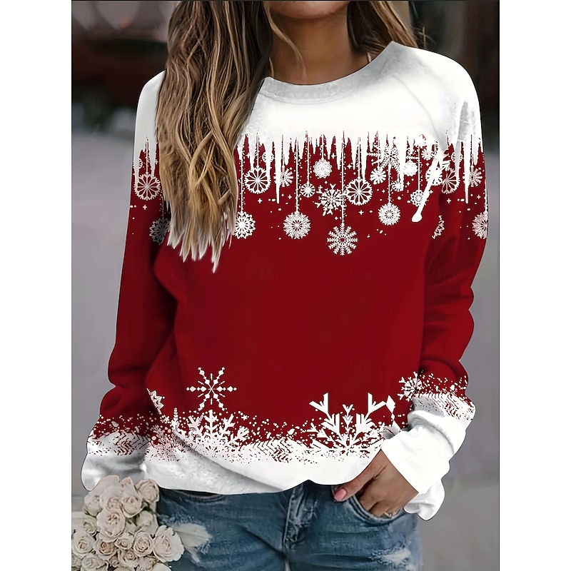 Women's Pullover Graphic Snowflake Casual Long Sleeve Crew Neck Regular Tops Casual Red Spring Fall Winter