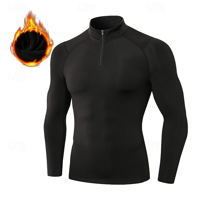 Men's Compression Shirt Fleece Base Layer Workout Tops Quarter Zipper Long Sleeve Top Athleisure Solid Colored Quick Dry Warm Gym Basketball Athletic Sportswear Activewear Wine Red Black White2