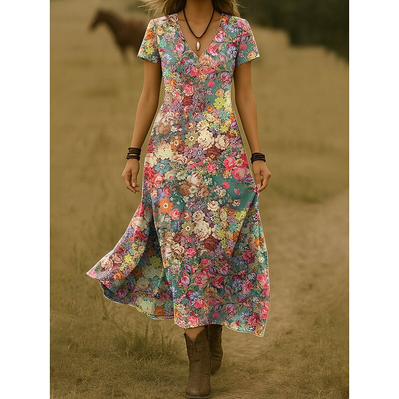 Women's Maxi Dress Casual Dress A Line Dress Summer Dress Elegant Vacation Casual Beach Regular Fit Floral Graphic Short Sleeve V Neck Pink Red Blue Orange Summer Spring3