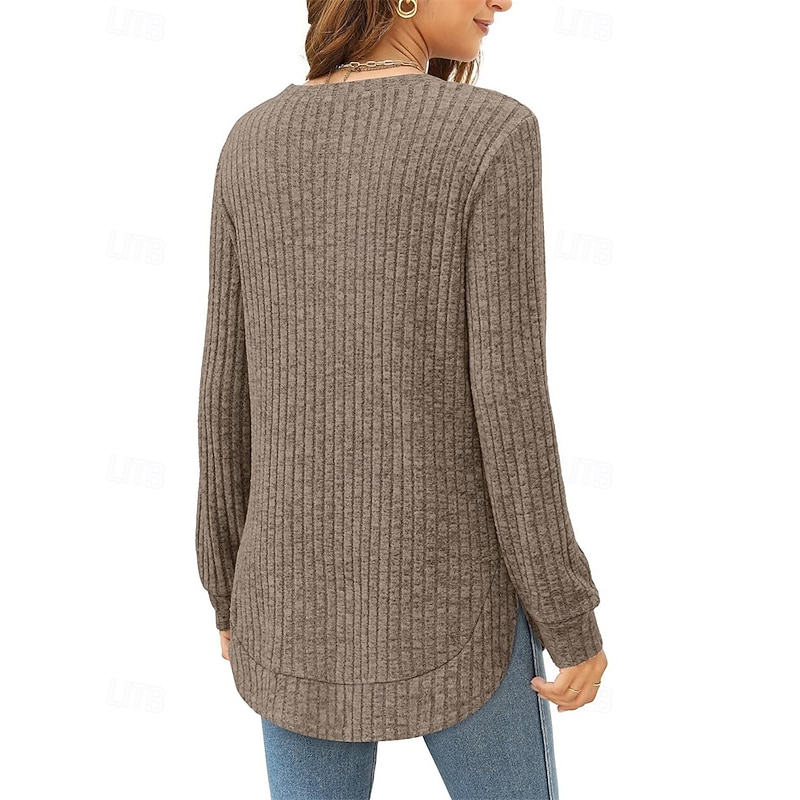 Women's Texture Blouse T Shirt Tee Top Plain Fashion Modern Long Sleeve Crew Neck Regular Tops Daily Going out Asymmetrical Black Wine Fuchsia Brown Green Spring Fall4