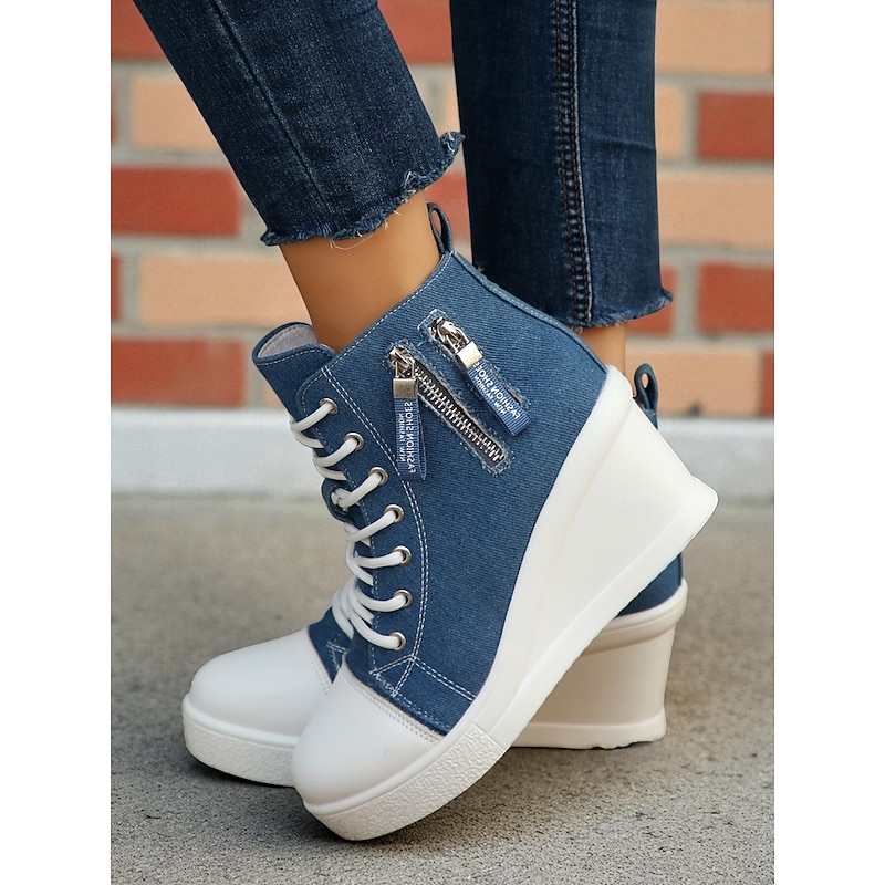 Women's Denim Wedge Sneakers with Lace-Up Front and Side Zipper, Casual High-Top Platform Shoes for Everyday Wear