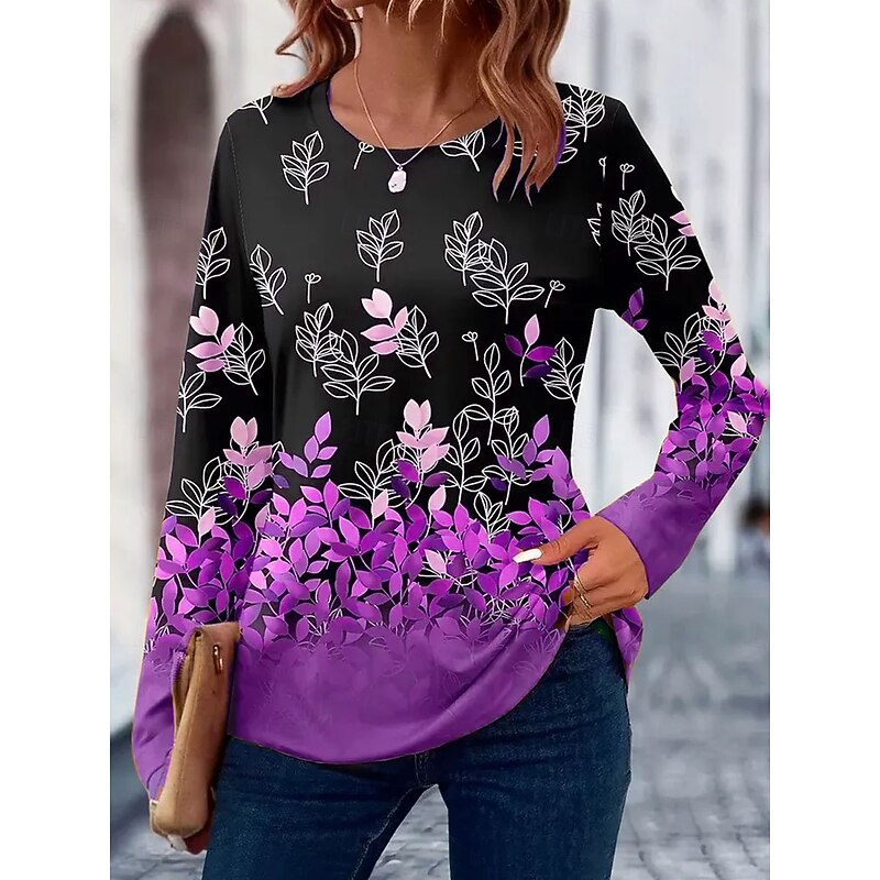 Women's T Shirt Floral Graphic Plants Vintage Stylish Classic Long Sleeve Crew Neck Regular Tops Daily Print Blue Purple Green Khaki Spring Fall Winter3