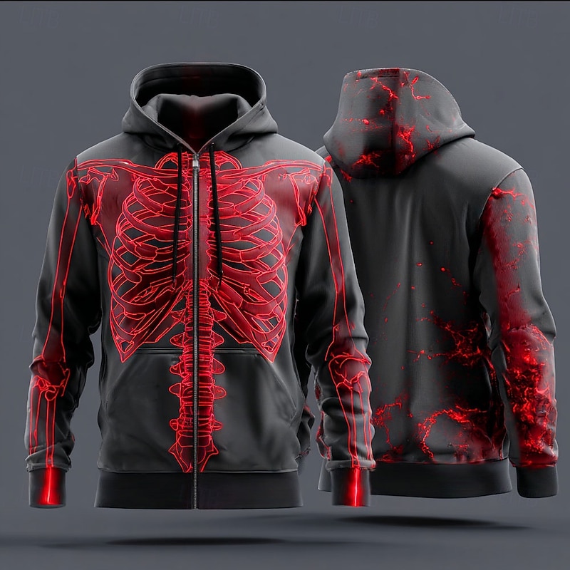Halloween Men's 3D Skeleton Hoodie Sweatshirt Punk Cool Crew Neck Party Gift Streetwear Lake blue Red Drawstring Zipper Fall Winter Designer